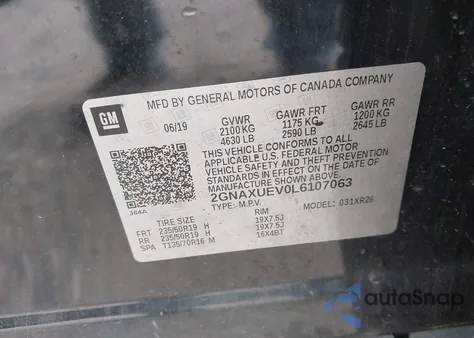 2020 Chevrolet Equinox Lt z USA, uszkodzony, nr VIN 2GNAXUEV0L6107063